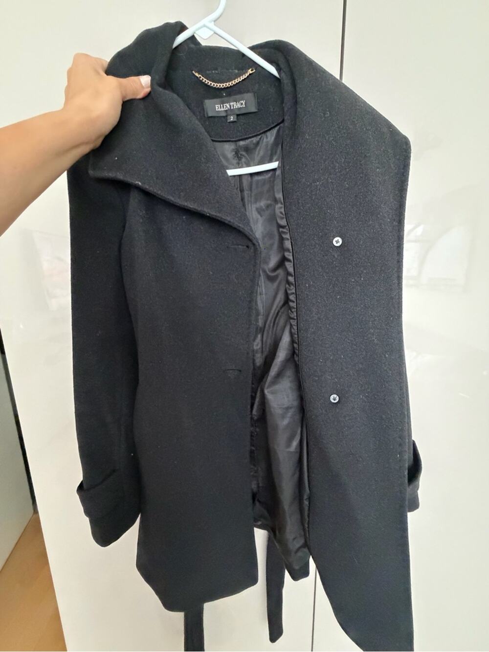 🗽🩶Ellen Tracy Black Wool-Blend Pea Coat with Belt